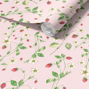 Pink Strawberry Floral Wallpaper - Elegant Watercolor Strawberry Wall Decor For Bedroom, Kids Room And Baby Nursery