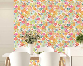 Retro Floral Wallpaper - Colorful Paper Flowers, Removable Wallpaper
