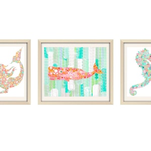 Mermaid Nursery Wall Prints Set of 3 - Gender Neutral Art for Baby or Kids Bathroom - Seahorse Fish and Mermaid Designs in Aqua and Coral