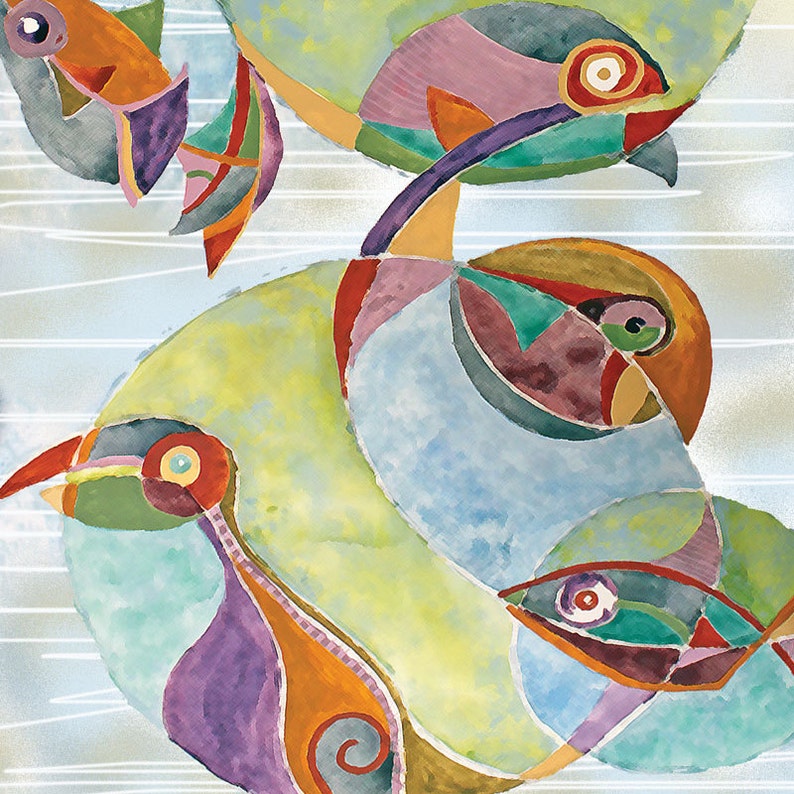 May include: Abstract watercolour painting of colourful fish with swirling patterns and vibrant colours, including blue, green, yellow, orange, and purple.