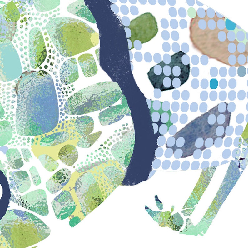 May include: Abstract art print featuring a blue, green, and white color scheme. The design is made up of various shapes and patterns, including dots, circles, and organic shapes.