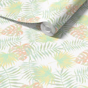 Apricot & Green Palm Leaf Wallpaper - Tropical Peel and Stick Accent Wall