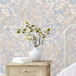 Blue Beige Watercolor Leaves Removable Wallpaper: Botanical Elegant Design