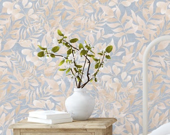 Blue Beige Watercolor Leaves Removable Wallpaper: Botanical Elegant Design