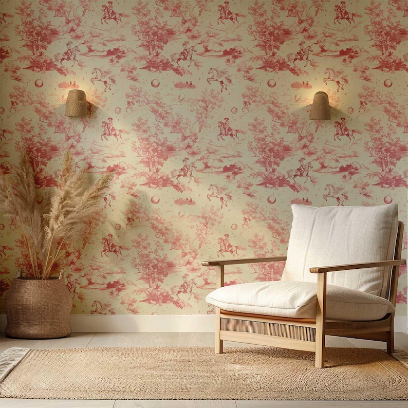 Op de afbeelding: Een licht roze en cr&egrave;mekleurige behang met een herhalend patroon van paarden en ruiters in een bosrijke omgeving. Een witte fauteuil met een licht houten frame staat voor het behang.