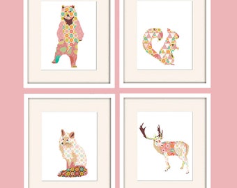 Woodland Animals Nursery Print Set - Pink Modern And Abstract Cute Baby Girl Wall Decor - Modern Farmhouse Wall Art