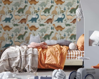 Dinosaur Peel and Stick Wallpaper – Whimsical Mountain Landscape, Playroom Decor