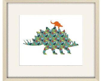 Green dinosaur art print for baby boy nursery decor. Abstract dinosaur print for kids. Stegosaurus wall art for playroom decor.