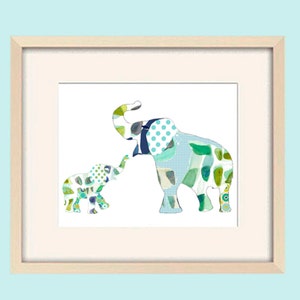 May include: A framed print of two elephants, one large and one small, in a patchwork style with blue, green, and white colors. The elephants are facing each other and the smaller elephant is reaching out to the larger one.