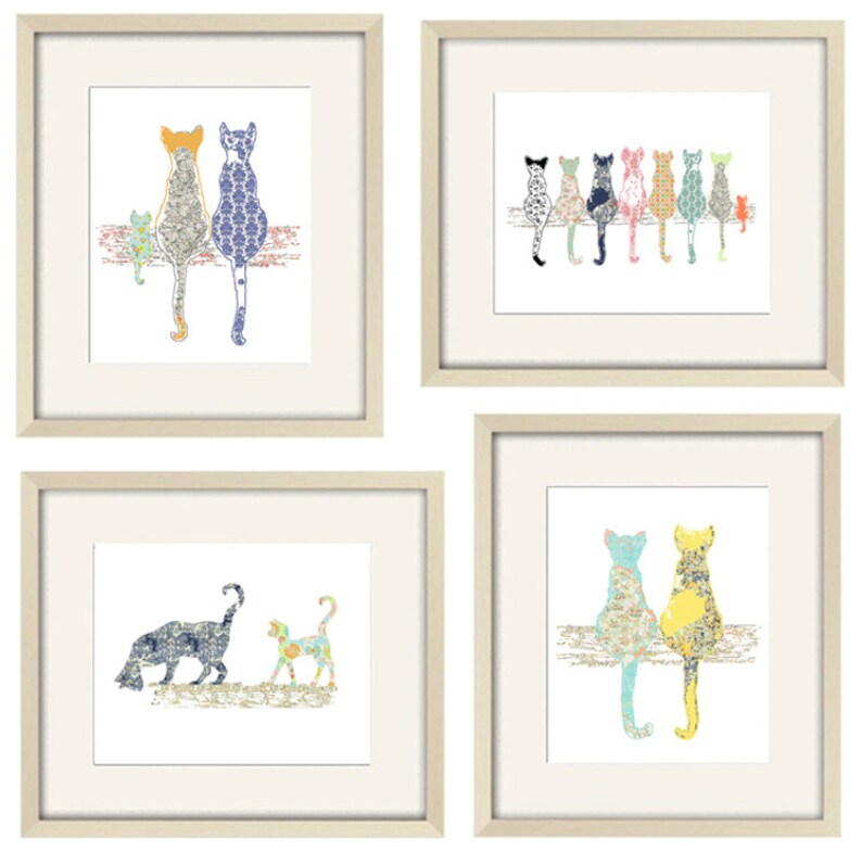 Cat Art Set of 4 Cat Prints Cat Wall Art Cat Nursery Wall Etsy