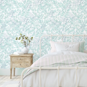 Mint Green Botanical Wallpaper: Peel and Stick Removable Flower Wall Decor