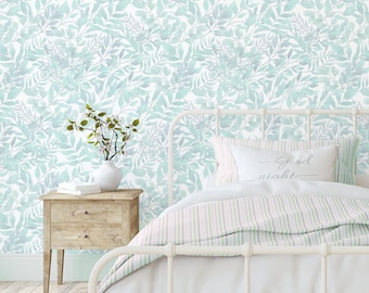 Mint, gray botanical bedroom wallpaper. Watercolor leaves natural feature wall Peel & stick Removable Wallpaper. Boho baby nursery decor