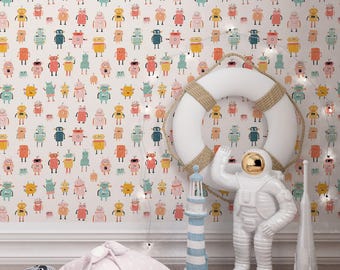 Pink Robot Wallpaper – Removable Peel and Stick, Kids Nursery Decor