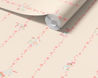 Pink Puppy Dog Wallpaper, Children's Playroom Wall Decor (Removable Peel and Stick)