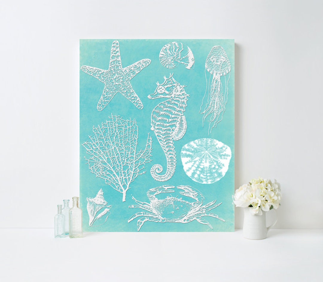 Coastal Aqua Bathroom Wall Art Print - Large Turquoise Sea Creatures ...