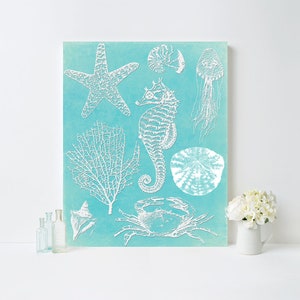 Coastal Aqua Bathroom Wall Art Print - Large Turquoise Sea Creatures Beach House Decor