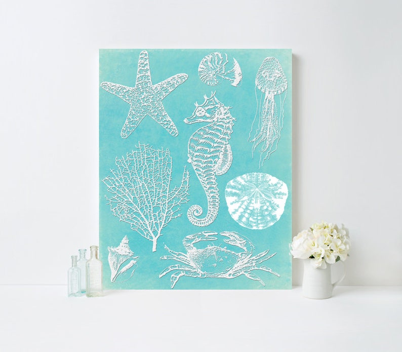 Sea creatures beach house wall decor. Aqua tropical coastal bathroom wall art print Turquoise large bathroom print Aqua bathroom decor