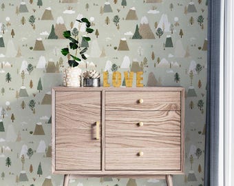 Mountain Landscape Nursery Wallpaper - Peel and Stick, Neutral Trees
