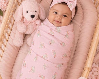 New Baby Gifts Set Swaddle Blanket And Infant Bow Pink Dog Lover Present For First Time Mom Nursery Essentials