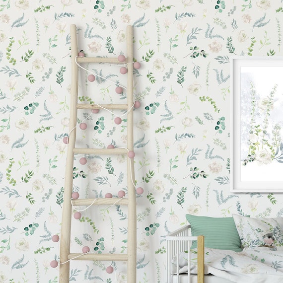 Floral Removable Nursery Wallpaper Leafy Green Watercolor Etsy