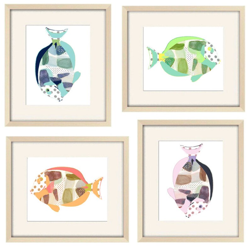 Abstract Blue Bathroom Fish Art Print. Kids Bathroom Art. Etsy