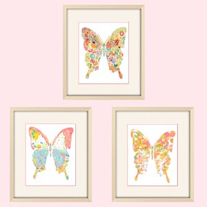 Floral Butterfly Nursery Art Print Set Pretty Wall Decor for Baby Girls Room Abstract Butterflies Artwork image 1