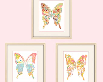 Butterfly Nursery Decor - Set of Butterfly Art Prints for Baby Girls Room - Abstract Butterfly Illustrations