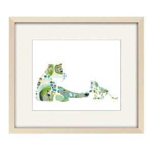May include: A framed print of a green and blue abstract collage of a mother and baby lion. The mother lion is sitting with her paw outstretched towards the baby lion, who is sitting facing her.