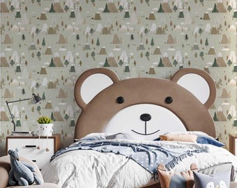 Mountain Landscape Nursery Wallpaper - Peel and Stick, Neutral Trees