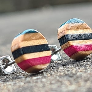 Recycled Skateboards, Wooden Studs, Cool Earrings, Round Stud Earrings, Wooden Earrings, Stud Earrings, Wood Earrings Stud, Colourful