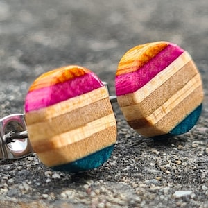 Recycled Skateboards, Wooden Studs, Cool Earrings, Round Stud Earrings, Wooden Earrings, Stud Earrings, Wood Earrings Stud, Colourful