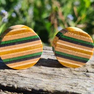 May include: Two round wooden ear gauges with a striped pattern of green, black, and yellow.