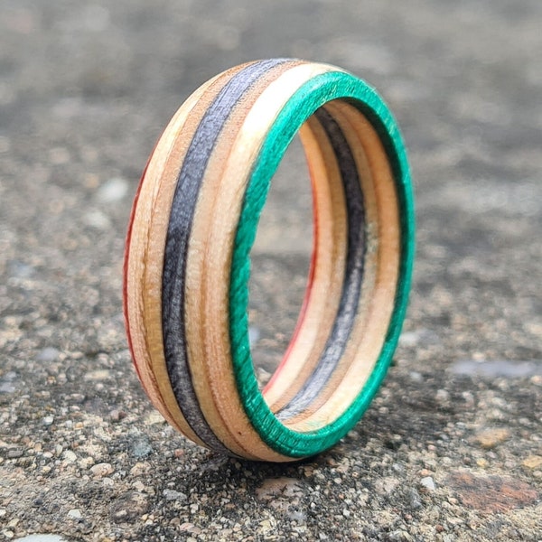 Beautiful Handmade Wooden Recycled Skateboard Band Ring, Any Size, Green, Black & Red, Satin Gift Pouch, Engraving Options, Beautiful Gift