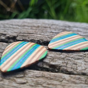 Handmade Recycled Skateboard Wooden Guitar Picks, Pair, Engraved Playable Plectrums., Collectable in Gift Box, RARE,