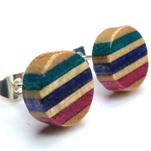 Recycled Skateboards, Wooden Studs, Cool Earrings, Round Stud Earrings, Wooden Earrings, Stud Earrings, Wood Earrings Stud, Colourful