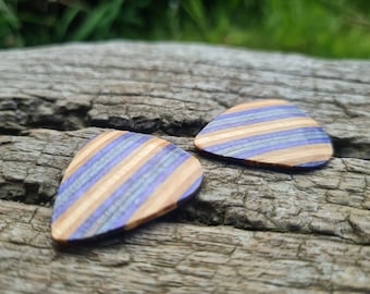 Gift Boxed Pair of Personalised Engraved Recycled Skateboard Wooden Guitar Picks, Handmade, Guitar Playable or Collectables