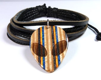 Recycled Skateboards, Alien Bracelet, Wood Jewellery, Mens Women's Gifts, UFO Bracelet, Wooden Cord Bracelet, Black Bracelet