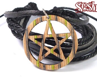 Recycled Skateboards, Pentacle Bracelet, Unique Gifts, Spiritual Protection, Mens Women's Gifts, Pentagram Bracelet, Wooden Cord Bracelet