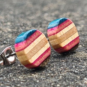 Recycled Skateboards, Wooden Studs, Cool Earrings, Round Stud Earrings, Wooden Earrings, Stud Earrings, Wood Earrings Stud, Colourful