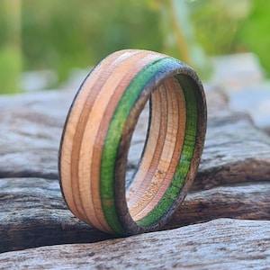 Beautiful Handmade Wooden Recycled Skateboard Band Ring, Any Size, Green & Black, Satin Gift Pouch, Engraving Options, Beautiful Gift