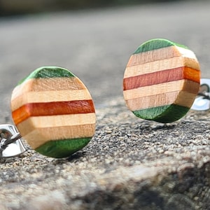 Recycled Skateboards, Wooden Studs, Cool Earrings, Round Stud Earrings, Wooden Earrings, Stud Earrings, Wood Earrings Stud, Colourful