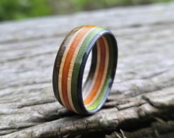 Beautiful Handmade Wooden Recycled Skateboard Band Ring, Any Size, Blue Green Orange, Satin Gift Pouch, Engraving Options, Beautiful Gift