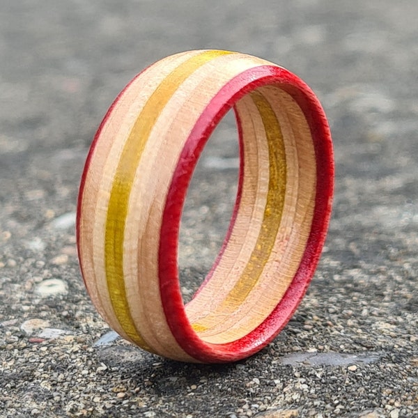 Beautiful Handmade Wooden Recycled Skateboard Band Ring, Any Size, Yellow & Red, Satin Gift Pouch, Engraving Options, Beautiful Gift