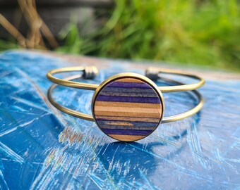 Recycled Skateboards, Wood Cuff Bracelet, Wooden Bangle, Women's Gifts, Skateboard Bracelet, Wooden Cuff Jewelry, Metal Bangle, Colourful