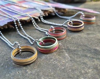 Mystery Ring Made From Recycled Skateboard On Steel Necklace, Mixed Colours, Handmade, Personalised Engraving Available, Gift Boxed