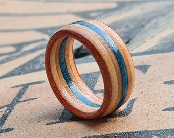 Quality Recycled Skateboard Wooden Band Ring, Orange & Blue Coloured Layers, Handmade to Order, Any size, Engraving, Satin gift Pouch