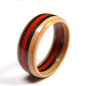 Beautiful Handmade Wooden Recycled Skateboard Band Ring, Any Size, Orange & Black, Satin Gift Pouch, Engraving Options, Thoughtful Gift
