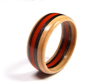 Beautiful Handmade Wooden Recycled Skateboard Band Ring, Any Size, Orange & Black, Satin Gift Pouch, Engraving Options, Thoughtful Gift