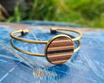 Recycled Skateboards, Wood Cuff Bracelet, Wooden Bangle, Women's Gifts, Skateboard Bracelet, Wooden Cuff Jewelry, Metal Bangle, Colourful