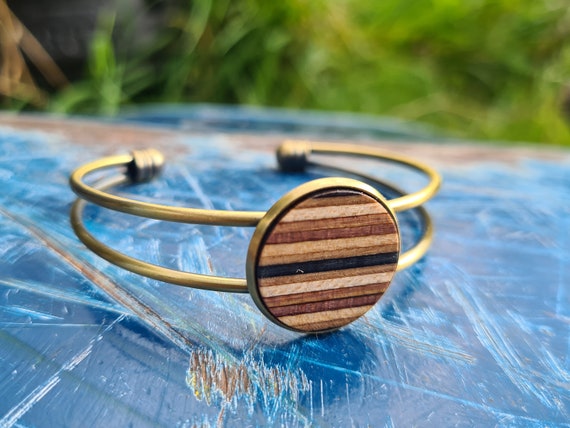 Recycled Skateboards, Wood Cuff Bracelet, Wooden Bangle, Women's Gifts, Skateboard Bracelet, Wooden Cuff Jewelry, Metal Bangle, Colourful
